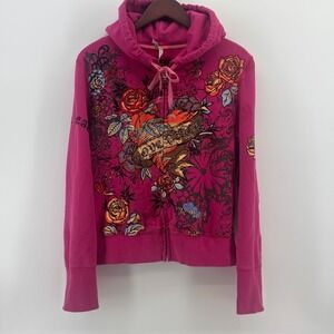Y2K Sanjoy Women's 3X Pink Tattoo Graphic Rhinestone Zip Up Hoodie Love Peace